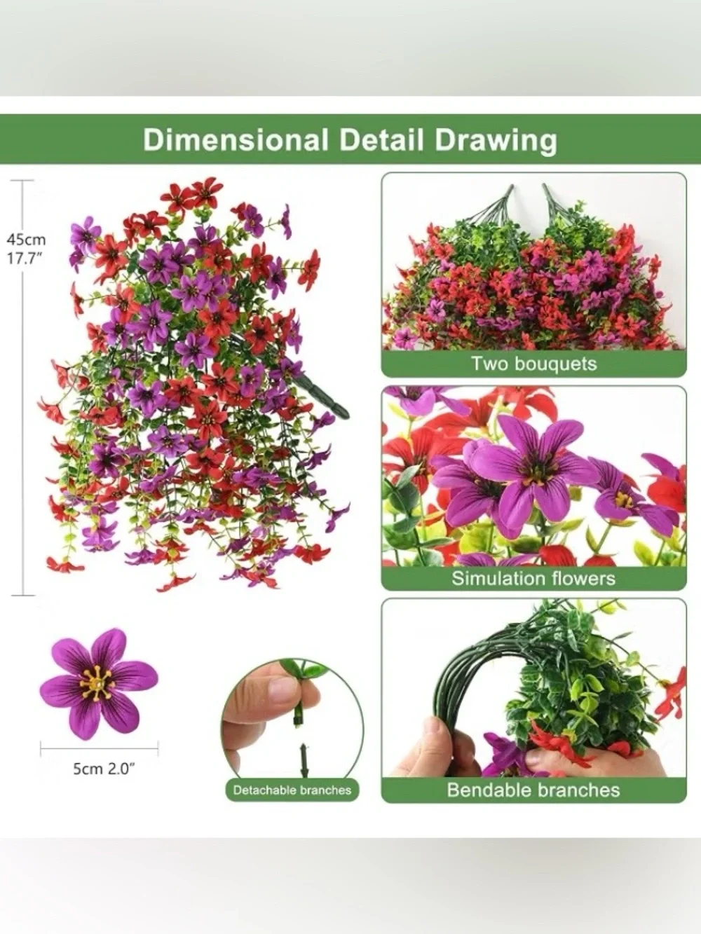 2 Bundles Fake Silk Flowers Realistic Outdoor,Red &Purple, SEALED PACKAGE